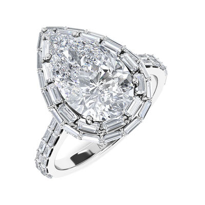 Pear-Shaped & Diagonal Baguette-Cut Lab Grown 3ctw. Diamond Halo Engagement Ring in 14k White Gold