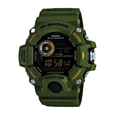 G-Shock Men's Master of G Rangeman Triple Sensor Watch with Black Dial Olive Resin Case GW9400-3