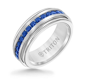 Triton Blue Sapphire Stone Center 8MM Silver Satin Finish Wedding Band