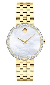 Movado Ladies Yellow Gold Stainless Steel Diamond Bezel MOP Museum Classic Watch 