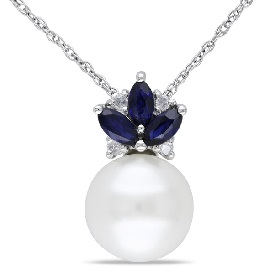 Diamond, Sapphire, and Freshwater Pearl Pendant 1/3ctw in 10k White Gold