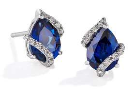 Pear-shaped Diamond Sapphire Swirl Stud Earrings in 10k White Gold