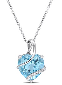 Heart-Shaped Blue Topaz and Diamond-Wrapped Pendant in Sterling Silver