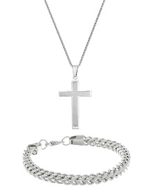 Men's Cross Pendant and 9mm Foxtail Bracelet Box Set in Stainless Steel