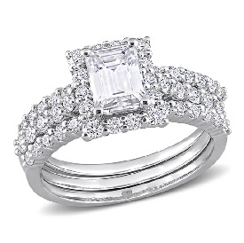 Emerald-Cut 2ctw. Created Moissanite Halo Bridal Set in Sterling Silver