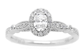 Avery. Oval 5/8ctw. Diamond Vintage-Inspired Halo Engagement Ring in 14k White Gold