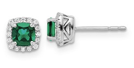 Cushion-Cut Created Emerald & Diamond Halo Stud Earrings in Sterling Silver